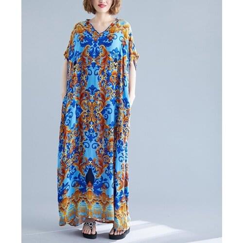 Plus Size Vintage Dresses Summer 2021 New Chinese Style Women Summer Beach Boho Maxi Dress Ladies Print Retro Vestidos 11524