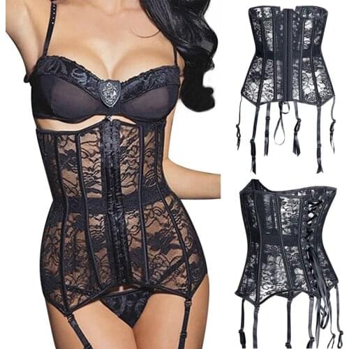 Mesh Underbust Corset Top See Through Steel Boned Firm Lace up Fishnet Brocade Sheer Bustier Waist Cincher with Garter Straps 2X