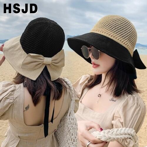 2020 New Bow Sun Hat Cap Wide Brim Floppy Top Summer Hats For Women Beach Panama Straw Dome Bucket Hat Hollow Out Visor Bonnet