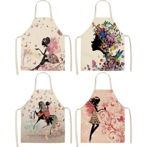 1Pcs Cotton Linen Flower Butterfly Girl Printed Kitchen Aprons for Women Home Cooking Baking Waist Bib Pinafore 53*65cm WQ0034