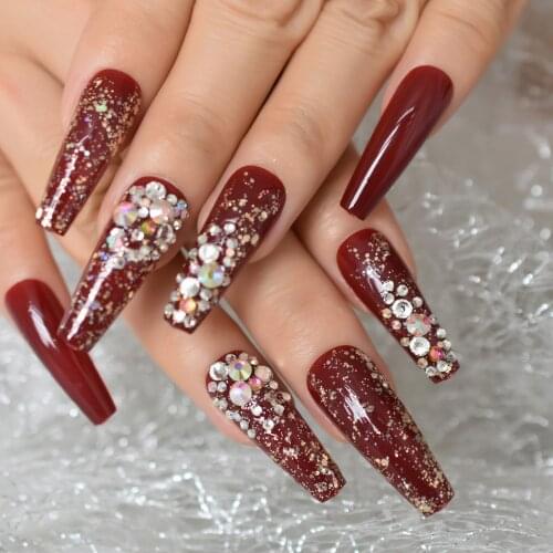 Dark Caramel Extra Long False Nails Rhinestone Coffin Ballerina Glitter Glossy 3D Fake Nails Press On Fingernails Manicura