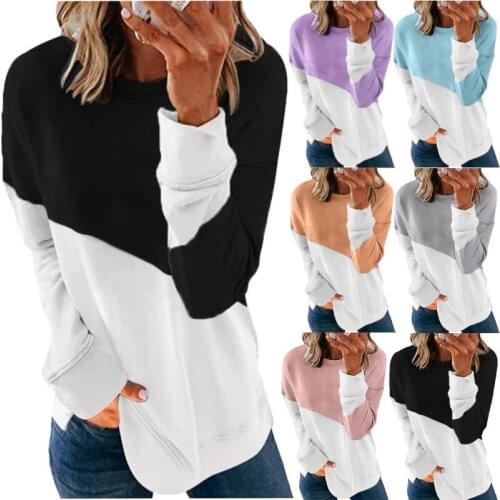 2021 European and American Womens New Color Matching Long Sleeve Round Neck Contrast Loose Sweater T Shirt Top