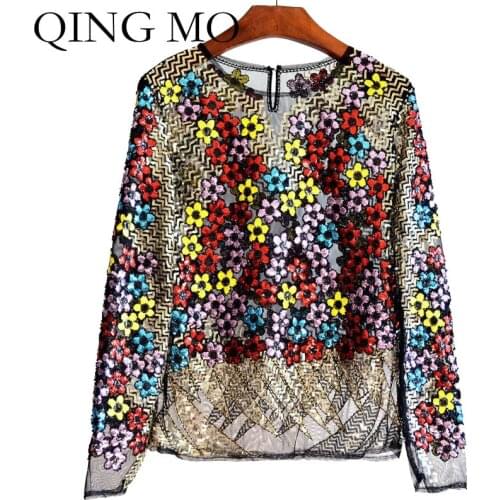 QING MO Women Colorful Flowers Shirt 2021 Summer Fashion Women Embroidery Shirt Female Lace Shirt Vintage Style ZQY7409