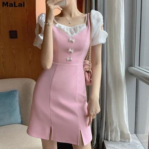 Women French Fit Chic Patchwork Pink Chiffon Dress Korean Sweet Sexy Split Mini Dress Casual Bow Short Sleeve Dress Summer 2021