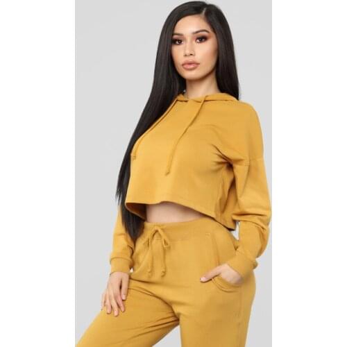 Two Piece Female Hoodies Set Solid Color Long Sleeve Crop Top Tracksuit Women Pullover Drawstring Hooded Sweatshirts