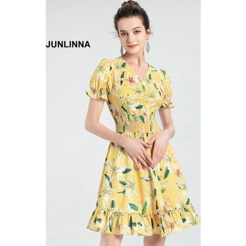 Above Knee Dress A Cotton Blending 2021 Fashion New Summer Women Printing Dresses V Neck Elastic Waist Ruffle Vestidos