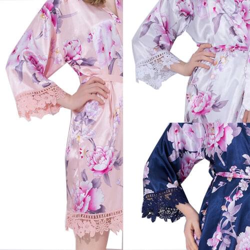 Plus Size Women Silk Satin Floral Lace Trim Robe Wedding Bridal Bridesmaid Robes Robes for Women Sleepwear Night Long Robe
