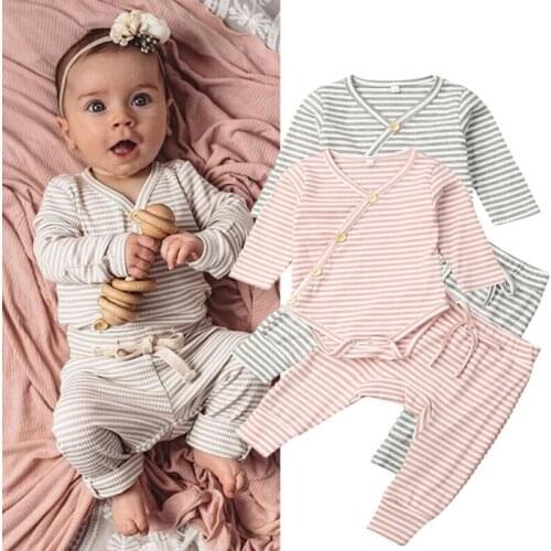 2PCS Infant Newborn Baby Clothes Boy Girl Long Sleeve Knitted stripe Romper Bodysuit Pants Trousers Spring Fall Soft Outfit Set