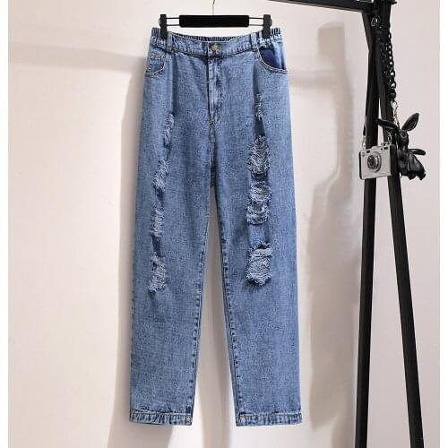 2021 Plus Size 2XL- 6XL Womens Hole Jeans New Korean Loose Elastic High Waist Female Denim Pants Autumn Trousers Blue Jeans 705