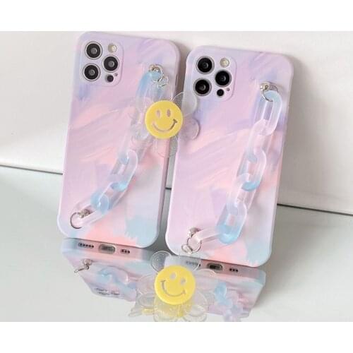 Gradient Color Marble Phone Case With Smiley Wrist Bracelet For iPhone 11 12 Pro Max XR XS Max X 7 8 Plus Soft TPU Matte Cover