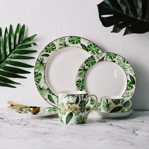 Green flaver Plants Pattern Ceramic Tableware Porcelain Dinnerware Set Bone China Plate Mug