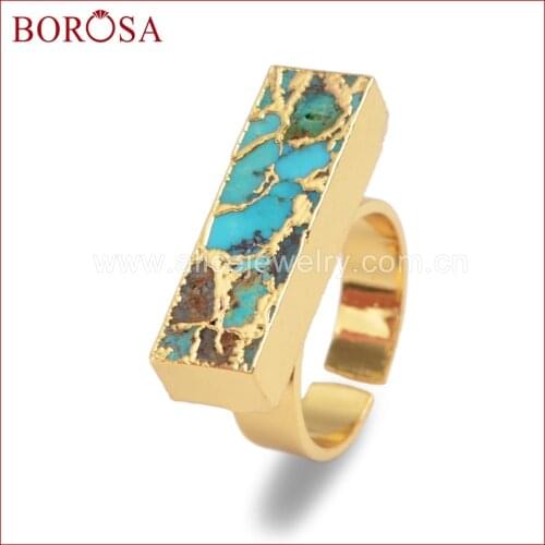 BOROSA 5/10PCS Gold Color Natural Copper Turquoises Ring for Women Jewelry, New Arrival Natural Blue Stone Gems Stone Ring G1542