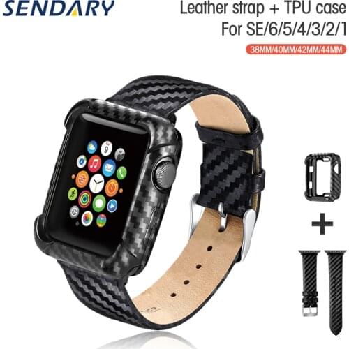 Leather Watch Band Strap + TPU Case for iWatch Series SE 6/5/4/3/2/1 38MM 40MM 42MM 44MM Carbon Fiber Pattern Loop Bracelet