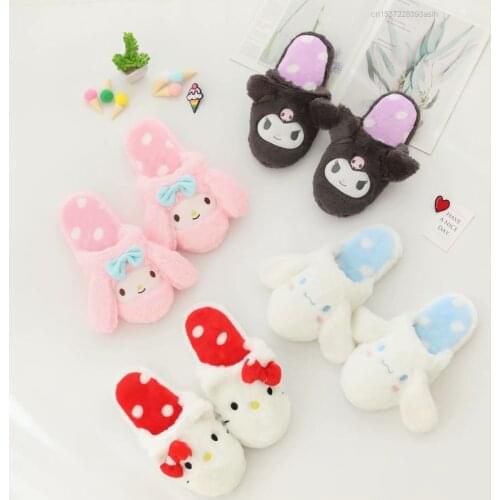 Kuromi Cinnamoroll My Melody Winter Fur Plush Slippers Flat For Women Female Shoes Slider Kawaii Home Indoor
