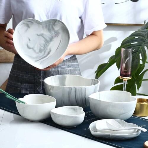 Marble Heart Shape Dinner Plate Bowl Spoon Set Food Dessert Salad Soup Ramen Noodle Bowl Dish Tray Ceramic Crockery Dinnerware