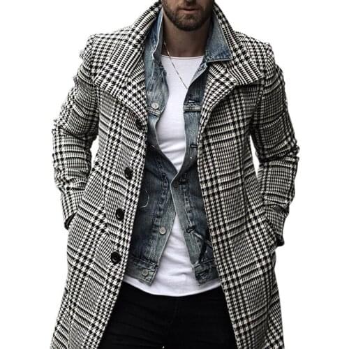 Mens Woolen Windbreaker Designer Plaid Lapel Single-Breasted Jacket 2020 Male Brand Outwear Long Sleeves Luxury Mid-Length Coat