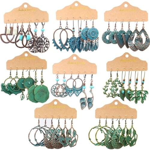 Metal tassel Set Earrings Green plant exaggeration Ethnic style Dangling Earrings India BOHO Fashion Earrings Brincos Oorbellen