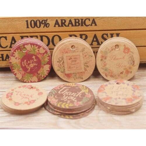 New 100set/lot Gift tag 3x3cm round shape 100pcs handmade with love flower style label white brown color diy