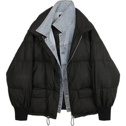 2021 New Fake Two-piece Fashion Warm Cotton Jacket Female Autumn And Winter Loose Large Size Denim Stitching Bread Jacket Trend