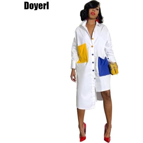 Autumn Long Sleeve White Shirt Dress Women Turn Down Collar Button Up Blouse Dress Oversized Midi Shirt Dress with Pockets