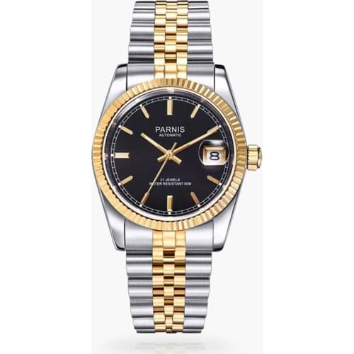 Parnis 36mm Top Watch Stainless Steel Bracelet Calendar black Dial Miyota 821A Automatic Movement Mens Mechanical Wristwatch