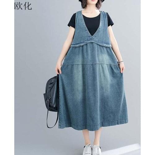 New Arrival 2020 Summer Fashion Sleeveless Denim Dress Women Loose Vintage Suspenders Overalls Robe Femme Jeans Dresses Sundress