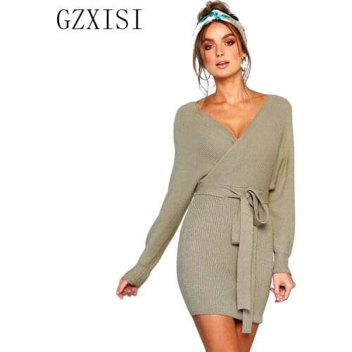 Casual winter dress women black mini dress sashes short femme long sleeve knitted sweater dress ladies vestidos verano 2018