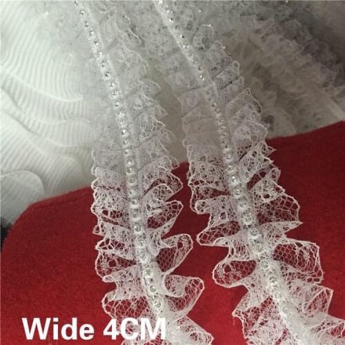 4CM Wide White Black Luxury 3D Pleated Lace Glitter Rhinestone Folds Trim Embroidery Collar Applique DIY Sewing Guipure Supplies
