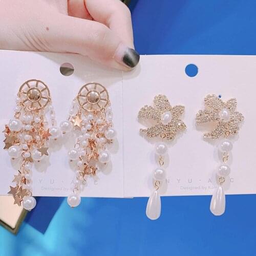 Luxury Imitation Pearl Tassel Drop Earrings Women Long Asymmetric five-pointed Star Pearl Tassel Earrings Chain Earring Jewelry