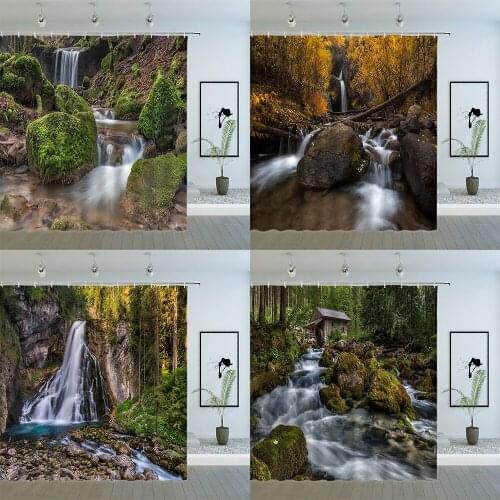 Waterfall Scenery Shower Curtains Forest Plant Tree Natural Landscape Pattern Print Bathroom Decor Polyester Hanging Curtain