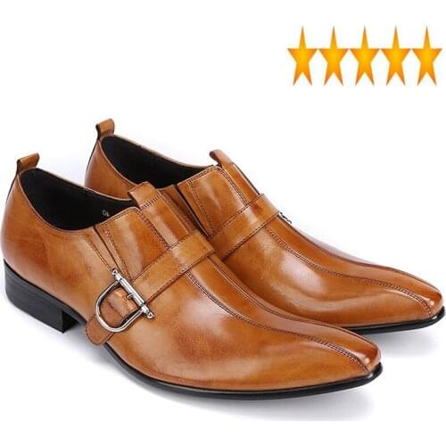 Low Classic Pointed Toe Block Heel Mens Business Formal Slip On Loafers Buckle Genuine Leather Dress Shoes Prom Oxfords