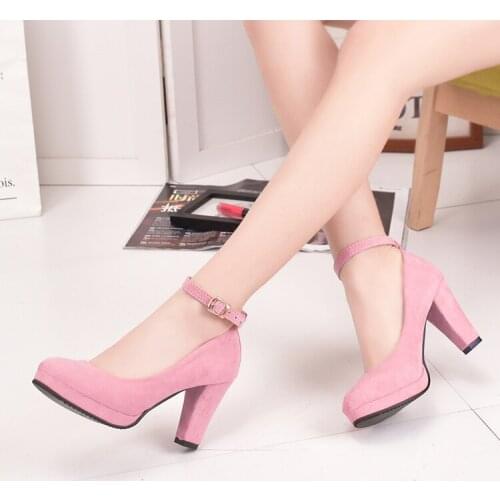 Spring New Thick With Pointed Shoes High Heel 9CM 2019 Pink Ladies Waterproof Platform Sexy Word Buckle Single Shoes