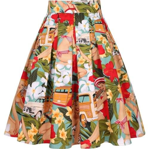 French Hepburn Women Skirt Hawaiian style Holiday Party Sexy Gypsy Girl Print Elegant Umbrella Swing A-Line High Waist Skirts