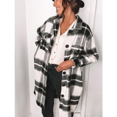 2021 Autumn Winter Women Clothing Outwear Coat Blouse Drop Shoulder Plaid Pocket Front Long Overshirt
