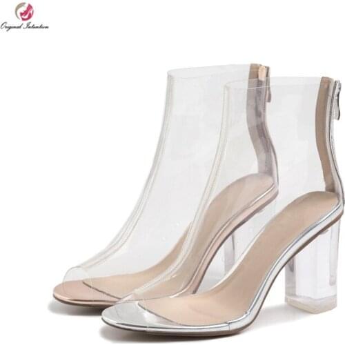 Original Intention Stylish Concise Transparent Ankle Boots Woman Peep Toe Square Heels Fashion Shoes Woman Party Casual Shoes