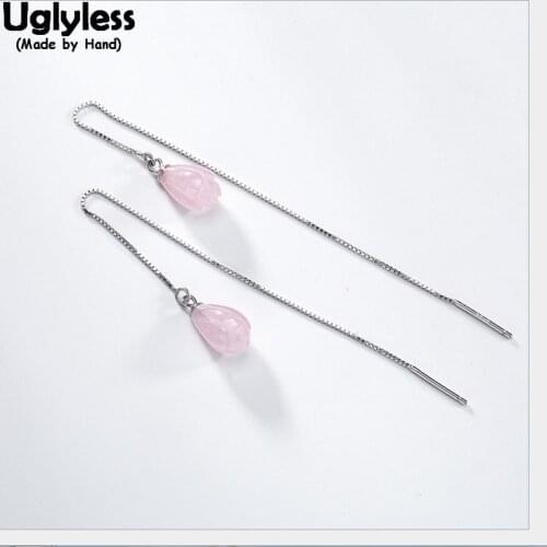Uglyless 100% Real 925 Sterling Silver Long Ear Lines Handmade Soft Pink Crystal Magnolia Earrings Fine Jewelry for Women Bijoux