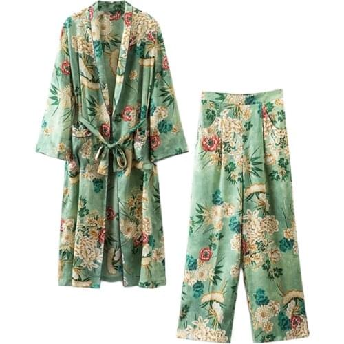Set female 2019 summer new Japanese temperament fashion long kimono + high waist wide leg pants elegant thin suit