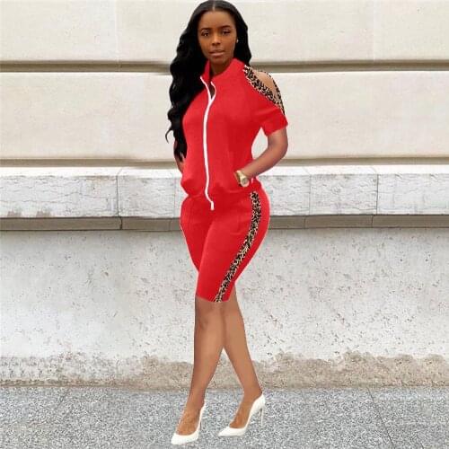 2021 Spring Autumn Leopard Two Piece Set Womens Tracksuit Short Sleeve Off Shoulder Coats Knee Length Short Sportswear Outfits