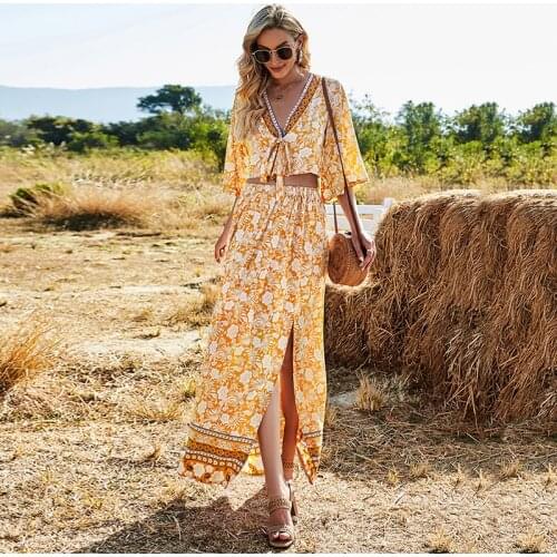 Women Summer Two Piece Dress Sets Sexy Outfit Suit Floral Crop V Neck Half Sleeve Tops+Beach Boho Split Fork Long Dress