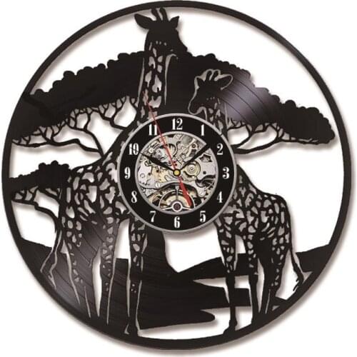 3D Cute Animal Giraffe Safari ThemeVinyl Record Wall Clock CD Record Clock Home Decor Handmade Antique Style Hanging LED Clock