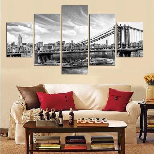 5 pieces city of urban black and white sand-bridge canvas painting decoration office hotel art work wall unframed FA152