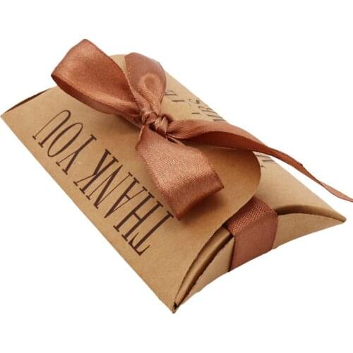 50pcs/lot Pillow Shape Kraft Jewelry Sweet Candy Box With Ribbon Craft Paper Eco Friendly For Wedding Favor Home Party Supplies