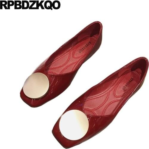 Large Size Ballerina Plus Square Toe Red Wine Wedding Designer Luxury Patent Leather Shoes Women Metal Foldable Ballet Flats