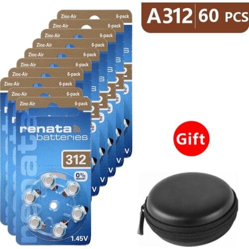Hearing Aid Batteries Size 312 za Renata,Pack of 60,Brown Tab PR41 1.45V Type A312 AU-6nh Zinc Air Battery e p312 with Box Case