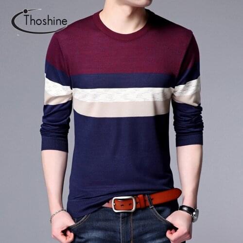 Thoshine Brand Spring Fall England Style Men Knitted Thin Sweaters O-Neck Striped Patchwork Cashmere Pullover Knitwear Long Tops