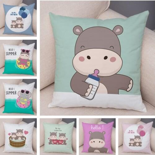 Elephant Family Animal Cushion Cover Decor Cute Cartoon Baby Bottle Hippo Pillow Case for Sofa Car Home Plush Cojines Pillowcase