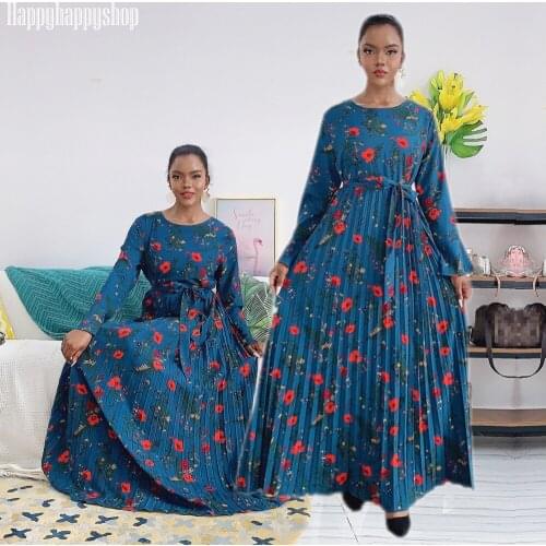 Elegant Autumn Womens Pleated Long Dress Floral Printed Muslim Kaftan Abaya Islamic Clothing High Waist Belted Tunic Gown S-2XL
