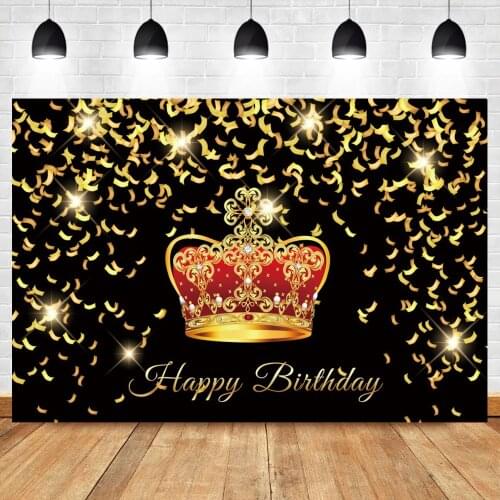 Laeacco Red Crown Happy Birthday Black Background Poster Gold Ribbon Shiny Star Friend Party Personalized Photography Backdrop