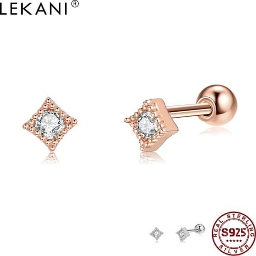 LEKANI 925 Sterling Silver Jewelry Trendy Grometry Square Stud Earrings For Women Shiny Crystal Zircon Small Cute Earring Charms