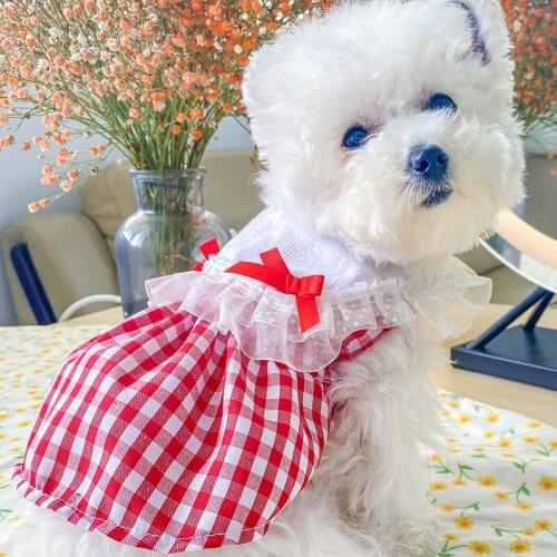 Summer Plaid Dog Dress with Bow Lace Pet Clothes Puppy Princess Girl Skirt for Small Medium Dogs French Bulldog Yorkie Outfits